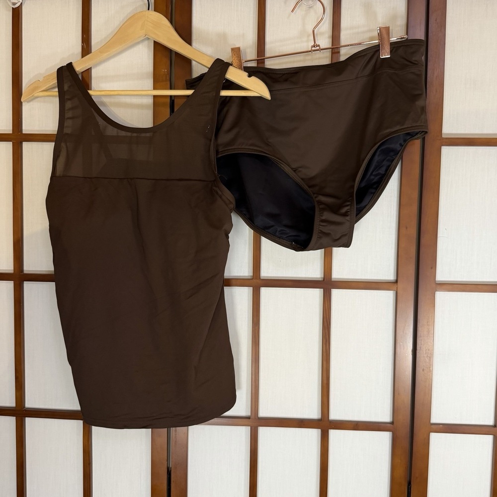 Lands End Brown Tummy Control High Waist Tank 2 Piece Swimsuit 14- High Neck